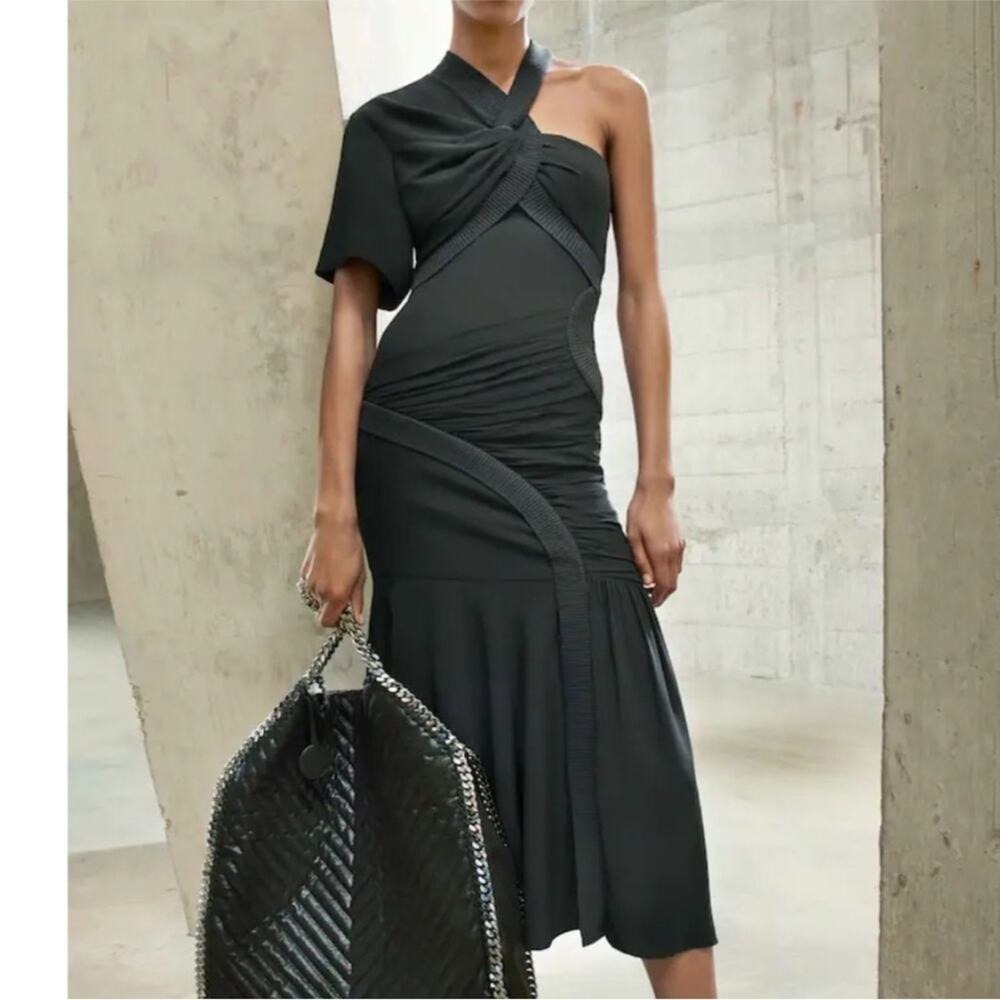 New! Stella McCartney Emmeline black crepe one-shoulder midi dress 40/4